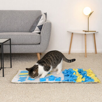 Gestromte und weiße Katze schnüffelt an einer blau-gelben Snuffle-Matte auf beigefarbenem Teppich neben einem grauen Sofa und einer Lampe.