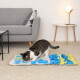 Gestromte und weiße Katze schnüffelt an einer blau-gelben Snuffle-Matte auf beigefarbenem Teppich neben einem grauen Sofa und einer Lampe.