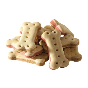 Backware Megapack 10kg Sandwich-Knochen Ein Haufen hundeförmiger Kekse in beige und rosa Farben, mit Löchern auf der Oberfläche, vor einem weißen Hintergrund.