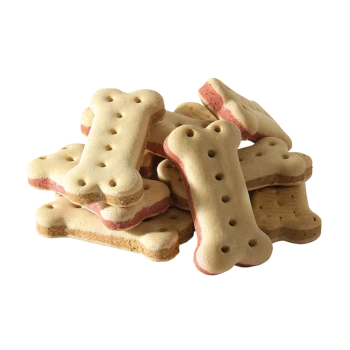 Ein Haufen hundeförmiger Kekse in beige und rosa Farben, mit Löchern auf der Oberfläche, vor einem weißen Hintergrund.