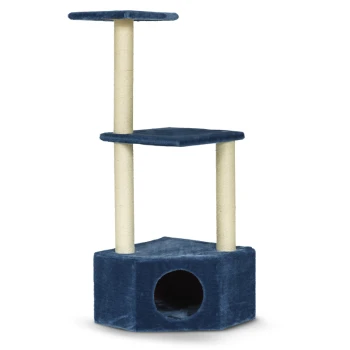 Silvio Design Kratzboy blau Blauer Kratzbaum für Katzen mit zwei Plattformen und einem gemütlichen Versteck an der Basis, mit sisalumwickelten Kratzpfosten.
