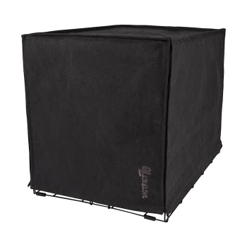 Schwarze Haustierkäfigabdeckung mit einem eleganten Design, das ein dezentes Logo an der Seite aufweist, geeignet zur Verbesserung der Privatsphäre von Haustieren.