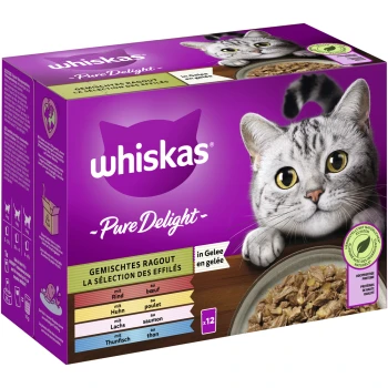 Pure Delight Gemischtes Ragout in Gelee Multipack 12x85g Die Verpackung von Whiskas Pure Delight Katzenfutter zeigt eine graue getigerte Katze mit einer Schüssel mit Nassfutter. Geschmäcker: Rind, Huhn, Lachs, Thunfisch, "in Gelee."