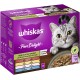 Die Verpackung von Whiskas Pure Delight Katzenfutter zeigt eine graue getigerte Katze mit einer Schüssel mit Nassfutter. Geschmäcker: Rind, Huhn, Lachs, Thunfisch, "in Gelee."