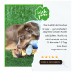 Ein brauner und weißer Hund liegt auf grünem Gras und kaut auf einem Holzstock, mit einem Testimonial, das die Qualität des Knochens lobt.