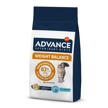 Eine Tüte Advance Veterinary Diets Weight Balance Katzenfutter mit einem Katzenbild, mit Text, der 83% Wirksamkeit nach 3 Monaten hervorhebt.