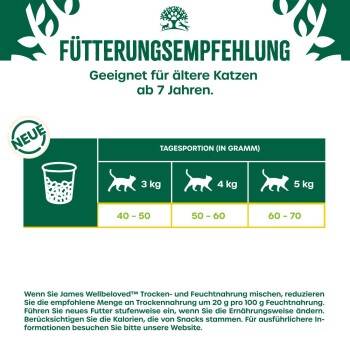 Fütterungsempfehlungstabelle für ältere Katzen (7+ Jahre), die die täglichen Portionsgrößen in Gramm für 3 kg, 4 kg und 5 kg Katzen zeigt.