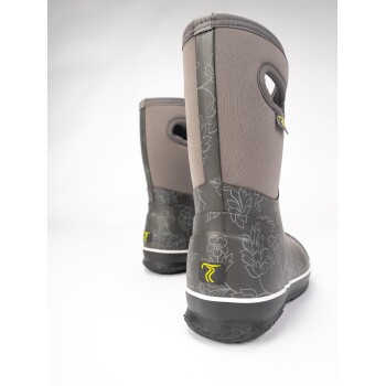 Graue, blumenmusterte Haustierstiefel mit einer strukturierten Sohle, ausgestattet mit einem Zugband und seitlichen Griffen für einfaches Anziehen.