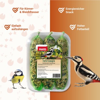 PANTO Vogelfutter-Sticks für Samen- und Weichfresser, energiereicher Snack mit hohem Fettgehalt, einfach aufzuhängen, mit Bildern eines Spechts und eines Meisenvogels.