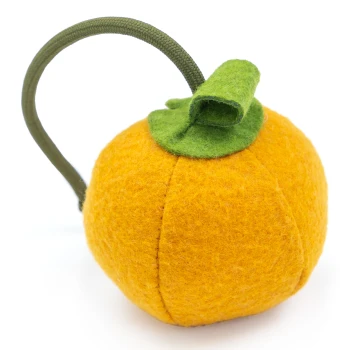 Ein plüschiger orangefarbener Kürbis-Spielzeug mit einem grünen Filzblatt und einem Schlaufenhandgriff, entworfen für Haustiere.