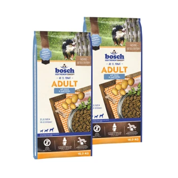 Zwei Säcke Bosch Adult Hundefutter, jeweils 15,0 kg, mit einem Design mit Fisch und Kartoffeln, beschriftet mit "AB 12. MONAT" und "mit Fisch & Kartoffel."