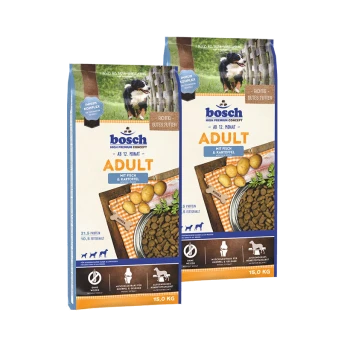 Zwei Säcke Bosch Adult Hundefutter, jeweils 15,0 kg, mit einem Design mit Fisch und Kartoffeln, beschriftet mit "AB 12. MONAT" und "mit Fisch & Kartoffel."