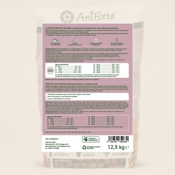 Rückseite der AniForte Pure Nature Freiland-Ente Hundenahrungspackung mit Fütterungsempfehlungen, Zutaten und Nährwertangaben.