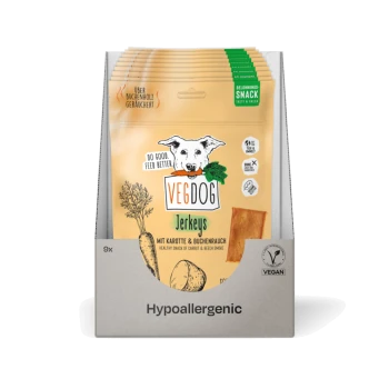 Vegdog Jerkeys Verpackung mit einer Hundillustration, mit dem Text "Do good. Feed better." und "Mit Karotte & Buchenrauch" auf der Vorderseite.