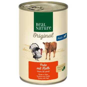 Boîte de nourriture pour animaux Real Nature Original pour adultes, contenant de la dinde et du veau, avec des illustrations d'une dinde et d'un veau.