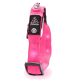 Helle pinke Hundehalsband mit LED-Lichtern, mit einem schwarzen Etikett mit einem Hundelogo und einem Symbol für den Einschaltknopf.