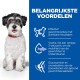 Een pluizige witte hond zit tegen een blauwe achtergrond met Nederlandse tekst over gewichtsverlies, omega-3's en de voordelen voor de gewrichten.