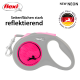 Eine graue und rosa flexi ausziehbare Hundeleine mit reflektierender Oberfläche, mit dem Text "NEW NEON" und "Seitenflächen stark reflektierend."