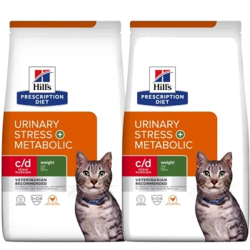 Twee zakken Hill's Prescription Diet kattenvoer gelabeld 'Urinary Stress + Metabolic,' met een grijze tabby kat op de voorkant.