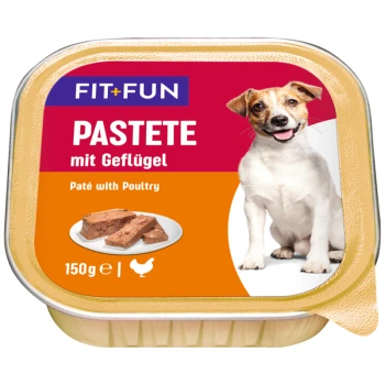 Hondenvoer verpakking met een paté met gevogelte, gelabeld 'FIT+FUN PASTETE mit Geflügel,' 150g, met een hondenafbeelding en voedselillustratie.