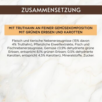 Deutsches Tierfutteretikett: 'ZUSAMMENSETZUNG' und 'MIT TRUTHAHN MIT GRÜNEN ERBSEN UND KAROTTEN' mit Zutatenangaben.
