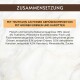 Deutsches Tierfutteretikett: 'ZUSAMMENSETZUNG' und 'MIT TRUTHAHN MIT GRÜNEN ERBSEN UND KAROTTEN' mit Zutatenangaben.