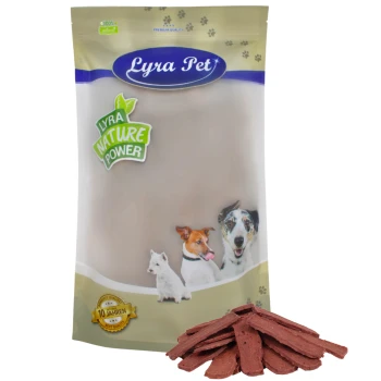 Pferdefleischstreifen 1 kg Lyra Pet-Hundeleckerlipackung, die die Logos "100% natürlich" und "Lyra Nature Power" zeigt, mit Bildern eines Hundes, einer Katze und Leckerlis.
