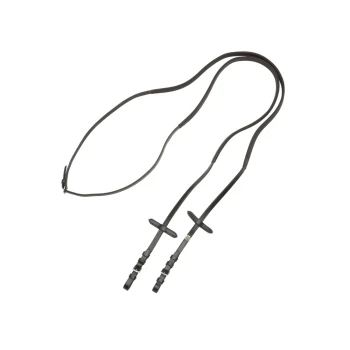 Schwarze Lederhundeleine mit verstellbaren Clips und Griffen, flach auf einem weißen Hintergrund ausgelegt.