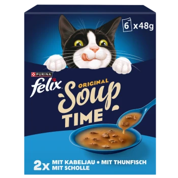 Purina Felix 'Soup Time' Katzenfutterbox mit hervorlugender schwarz-weißer Katze, Schüssel mit Suppe, '6 x 48 g' und deutschem Geschmacksaufdruck.