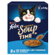 Purina Felix 'Soup Time' Katzenfutterbox mit hervorlugender schwarz-weißer Katze, Schüssel mit Suppe, '6 x 48 g' und deutschem Geschmacksaufdruck.