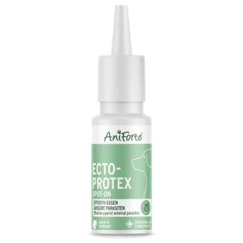 Flasche AniForte Ecto-Protex Spot-On für Hunde, beschriftet mit "Wirksam gegen äußere Parasiten", mit einem grünen und weißen Design.