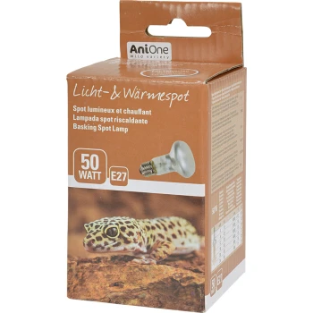 Terra light & heat spot 50 W Basking spot lamp packaging featuring a leopard gecko on a rock, labeled "AniOne Licht- & Wärmespot 50 W E27."