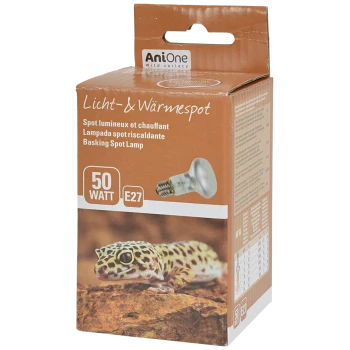 Basking spot lamp packaging featuring a leopard gecko on a rock, labeled "AniOne Licht- & Wärmespot 50 W E27."
