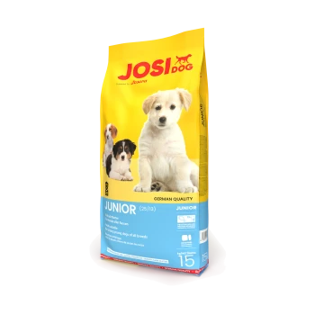 Gelber "JOSI DOG" Futterbeutel von Josera, zeigt drei Welpen, beschriftet mit "JUNIOR (25/13)" und "DEUTSCHE QUALITÄT."