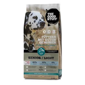 Die „The Good Stuff“ Senior/Light Lachs-Hundefuttertüte mit Dalmatinerfoto und dem Text „Füttern mit gutem Gewissen“.
