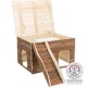Holzhaustierhaus mit einem klappbaren Deckel, einer Rampe und zwei Öffnungen, mit einem Siegel für Tierschutzkonformität.