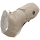 Beige Hunderegenmantel mit gestreiftem Innenfutter, mit einem Logo-Patch und verstellbarem Kordelzug, ideal für Wetterschutz.
