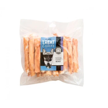 Klare Plastiktüte mit Hundeleckerlis, beschriftet mit "TREAT Eaters," mit einem Cartoon-Französischen Bulldogge in einer Fliege.