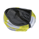 Opgevouwen huisdiertent in heldergele en grijze kleuren, met een ruime binnenkant met een zwarte voering.