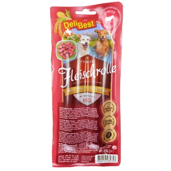 Fleischrolle 6x400g Rind mit Hirse Premium DeliBest Fleischrolle Hundefutterverpackung mit zwei Hunden, Nährwertinformationen und Ansprüchen an Schweizer Qualität und glutenfrei.