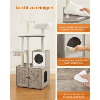 Katzenbaum mit abnehmbaren, waschbaren Kissen, mit einem gemütlichen Versteck und Kratzpfosten, beschriftet mit "Leicht zu reinigen."
