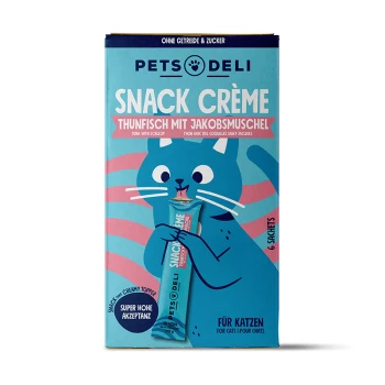 Pets Deli Snack Crème Schachtel mit blauer Zeichentrickkatze, die ein Sachet hält; auf der Packung steht "Thunfisch mit Jakobsmuschel" und "Für Katzen".
