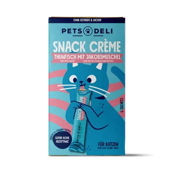 Pets Deli Snack Crème Schachtel mit blauer Zeichentrickkatze, die ein Sachet hält; auf der Packung steht "Thunfisch mit Jakobsmuschel" und "Für Katzen".