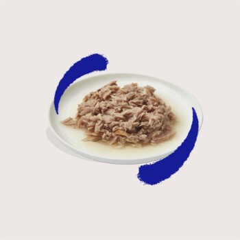 Une assiette de nourriture humide pour chat déchiquetée dans un bouillon léger, présentant une texture tendre et charnue, sur un fond pâle avec des accents bleus.