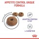 Pet food kibble labeled "Appetite Control Unique Formula" with three brown donut-shaped pieces. Features "Adapted Protein & Fat" and "L-Carnitine."