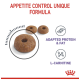 Pet food kibble labeled "Appetite Control Unique Formula" with three brown donut-shaped pieces. Features "Adapted Protein & Fat" and "L-Carnitine."