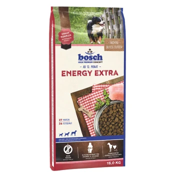 Bosch Energy Extra 15 kg Hundefutterbeutel mit einem Hundebild, das 27% Protein, 26% Fett und für Hunde über 12 Monate hervorhebt.