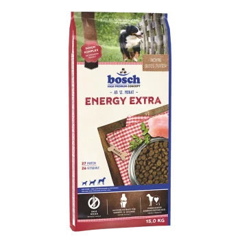 Bosch Energy Extra 15 kg Hundefutterbeutel mit einem Hundebild, das 27% Protein, 26% Fett und für Hunde über 12 Monate hervorhebt.