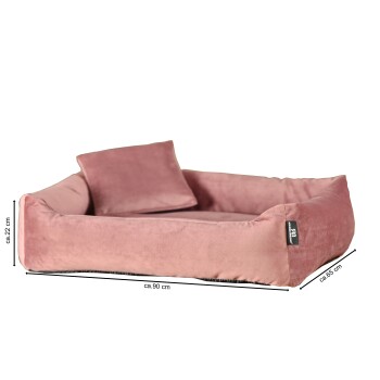 Rosa Haustierbett mit abnehmbarem Kissen, Maße ca. 90 cm x 65 cm x 22 cm, mit einer weichen Samtoberfläche.