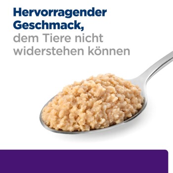 Ein Löffel voll weichem, beigem Haustierfutter mit dem Text "Hervorragender Geschmack, dem Tiere nicht widerstehen können" darüber.